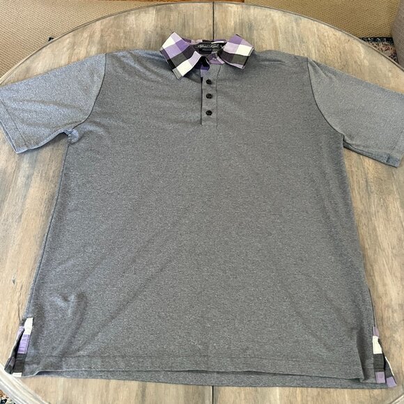 Alial Fital Men's L 4 Button Golf Polo Made in the US Gray w/Purple Check Collar - Picture 1 of 5